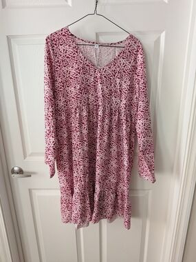 Red Floral V-Neck Long Sleeve Tunic Dress
